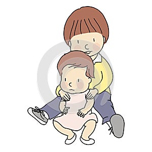 Vector illustration of two little innocent brother and sister sitting together on floor. Family, siblings, brotherhood, friendship