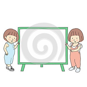 Vector illustration of two little kids, boy and girl, pointing at blank whiteboard for presentation, brochure or banner