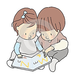 Vector illustration of two little kids, brother and sister, sitting & reading abc alphabet book together. Childhood development
