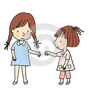 Vector illustration of two little kids coming to hold hands together
