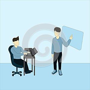 Vector illustration of two men discussing work in an office