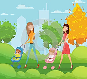 Vector illustration of two mothers with kids walking and talking in the park. Happy friends young women walks around the