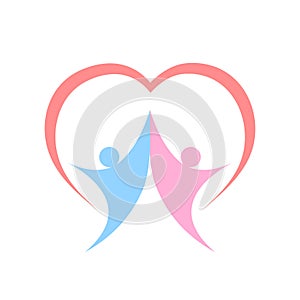 Vector illustration of two people together and symbol of heart on white background.