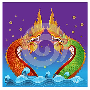 Vector illustration, two serpents, in the water, backlit