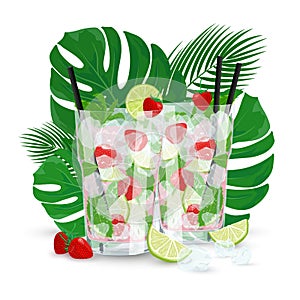 Vector illustration of two strawberry Mojito cocktails on tropic leaves.
