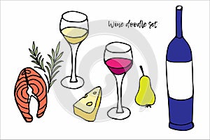 Vector illustration of two wine glasses, bottle, cheese, salmon, pear. Doodle set. Hand drawn cartoon Isolated. Tasty