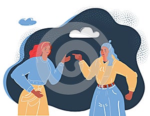 Vector illustration of two women fighting and pointing finger at each other. Conflict concept on dark backround.