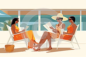 Vector illustration of two women reading a magazine by the swimming pool