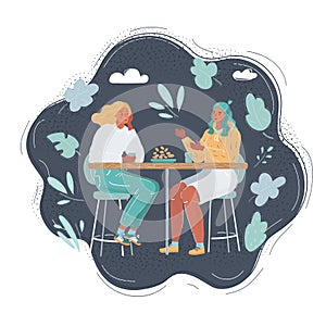 Vector illustration of Two women talking in cafe and smiling on dark background.