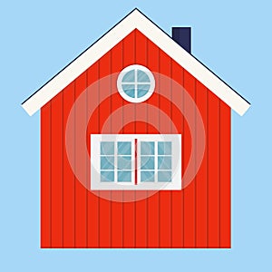 Vector illustration of typical Norwegian wooden house. Red rural house with a flue and windows. Log house icon