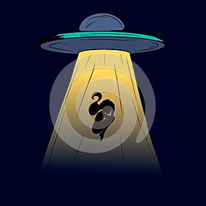 Vector illustration of a UFO in the dark night sky kidnaps a person