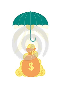 Vector illustration of an umbrella, under it the sun with rays, a money bag with a dollar sign, coins