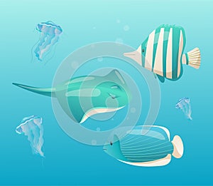 Vector illustration underwater world. Inhabitants of the sea or ocean swimming in blue water. Cartoon poisonous jellyfish, striped