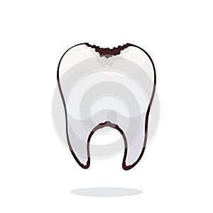 Vector illustration. Unhealthy human tooth with caries. Symbol of somatology and oral hygiene.