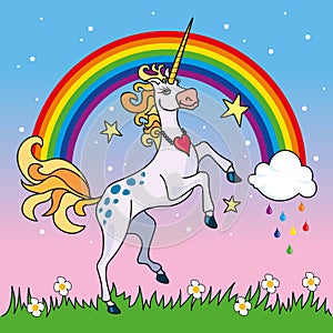 Vector illustration of a unicorn rearing up in front of a rainbow.
