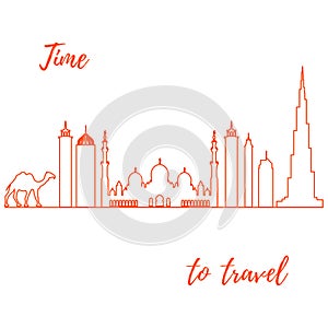 Vector illustration of United Arab Emirates skyscrapers silhouette and camel. Dubai and Abu dhabi buildings.