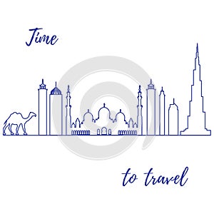 Vector illustration of United Arab Emirates skyscrapers silhouette and camel. Dubai and Abu dhabi buildings.