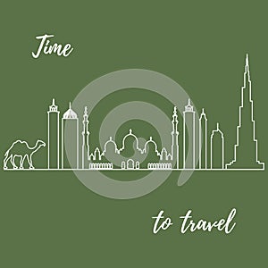 Vector illustration of United Arab Emirates skyscrapers silhouette and camel. Dubai and Abu dhabi buildings.