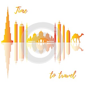 Vector illustration of United Arab Emirates skyscrapers silhouette and camel. Dubai and Abu dhabi buildings.