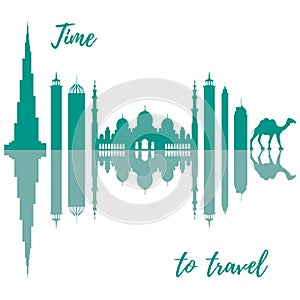 Vector illustration of United Arab Emirates skyscrapers silhouette and camel. Dubai and Abu dhabi buildings.