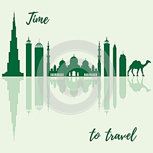 Vector illustration of United Arab Emirates skyscrapers silhouette and camel. Dubai and Abu dhabi buildings.