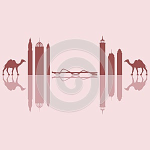 Vector illustration of United Arab Emirates skyscrapers silhouette and camel. Dubai buildings and symbols.