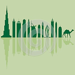 Vector illustration of United Arab Emirates skyscrapers silhouette and camel. Dubai buildings and symbols.