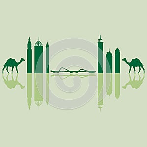 Vector illustration of United Arab Emirates skyscrapers silhouette and camel. Dubai buildings and symbols.