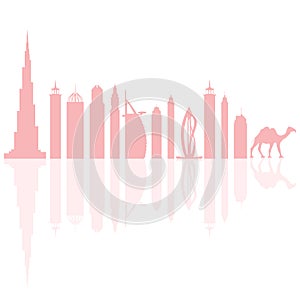 Vector illustration of United Arab Emirates skyscrapers silhouette and camel. Dubai buildings and symbols.