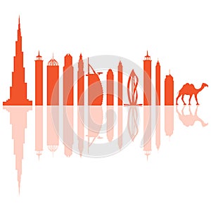 Vector illustration of United Arab Emirates skyscrapers silhouette and camel. Dubai buildings and symbols.