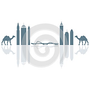 Vector illustration of United Arab Emirates skyscrapers silhouette and camel. Dubai buildings and symbols.