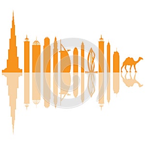 Vector illustration of United Arab Emirates skyscrapers silhouette and camel. Dubai buildings and symbols.