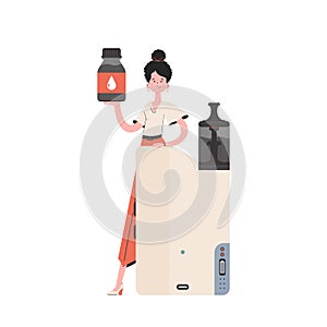 A woman holds in her hands a pod system for vaping. Flat style. Isolated. Vector illustration.