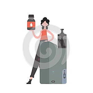 A woman holds in her hands a pod system for vaping. Trendy style with soft neutral colors. Isolated. Vector illustration