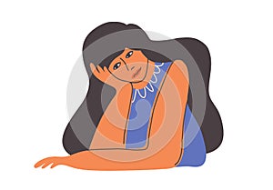 Vector illustration of upset depressed woman with sad face sitting at home