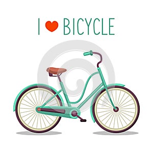 Vector illustration of urban hipster bike in trendy flat style with text I Love Bicycle.