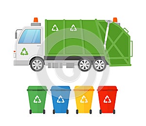 Vector illustration of urban sanitary vehicle garbage loader truck and containers for different types of garbage. Waste