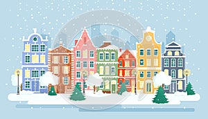 Vector illustration of urban winter landscape. Snowy street as greeting card background. Christmas card concept, Happy