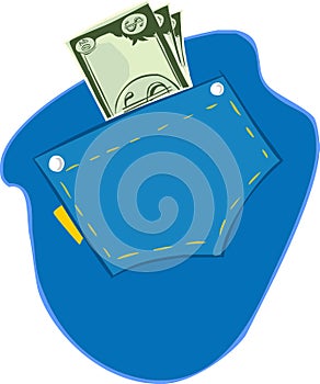 Vector illustration of US dollars in the pocket of blue jeans