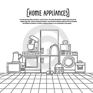 Vector illustration for use in design. Poster on the theme of home appliances, electronics, kitchen quipment