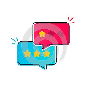 Vector Illustration user experience customer review communication speech bubble icon, concept of feedback, rating stars, positive