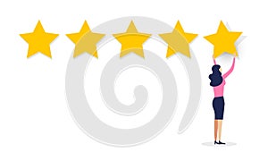 Vector Illustration user experience feedback concept. Cartoon Women Customer giving five star rating. Review scroll on white backg