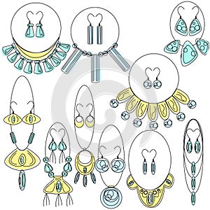 Vector illustration using lines and offset color. Depicted sets of jewelry