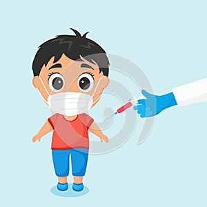 Vector illustration of vaccination. The boy is vaccinated.  Child in medical mask