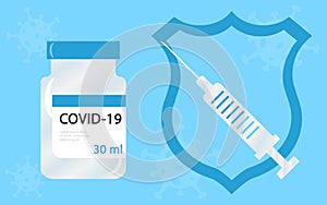 Vector illustration of a vaccine against coronavirus and syringe, vaccination campaign and treatment. All elements are isolated