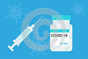 Vector illustration of a vaccine against coronavirus and syringe  vaccination campaign and treatment. All elements are isolated.