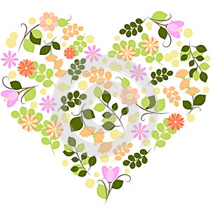 Vector illustration of Valentine hearts with flowers and branches on a white background