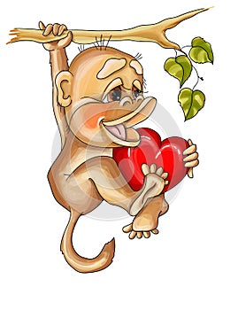 Vector illustration valentine monkey in love hanging on a branch
