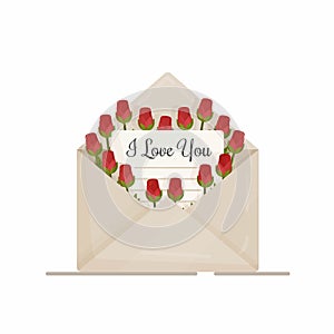 Vector illustration of a Valentine\'s Day card. Roses in envelope.