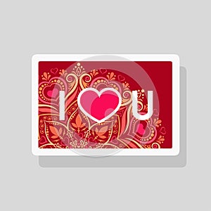 Valentine`s Day greeting card I Love You with abbreviated text and heart shape on mandala background photo
